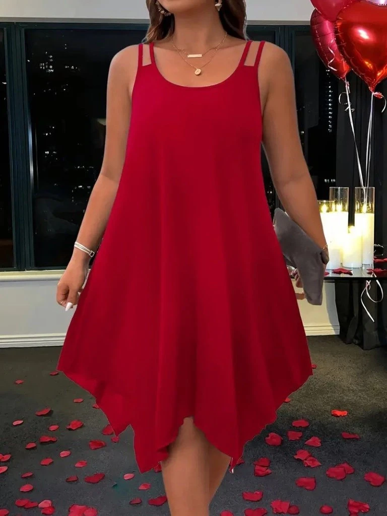 Askılı Yuvarlak Asimetrik Kesim Detaylı Viskon Elbise Bordo