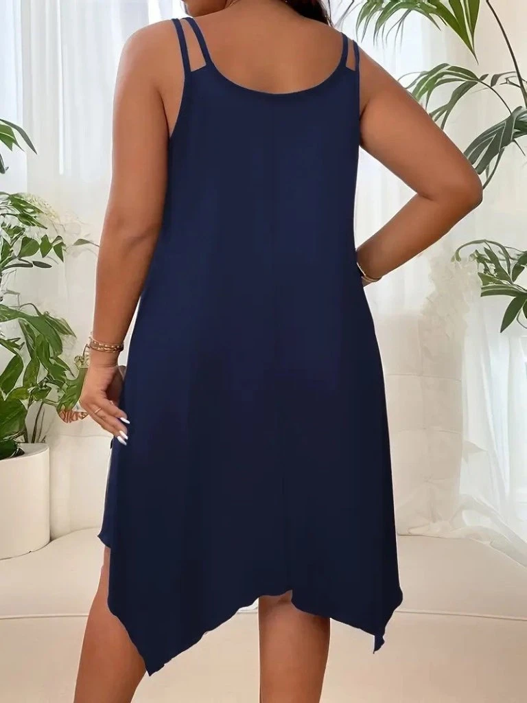 Askılı Yuvarlak Asimetrik Kesim Detaylı Viskon Elbise