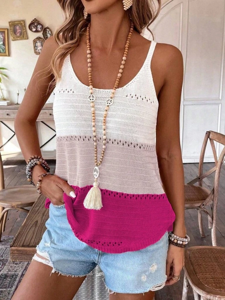 Askılı Yuvarlak Yaka çift Renkli Triko Bluz