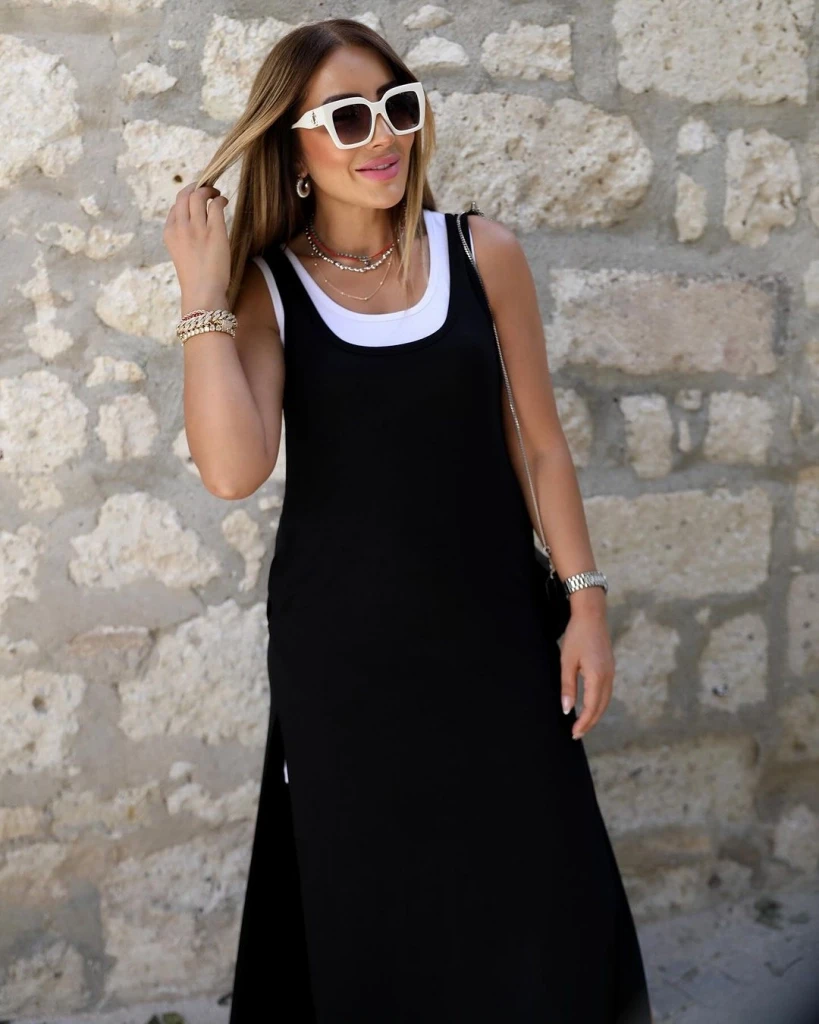 Askılı Yuvarlak Yakalı Viskon Elbise Ve Atlet Ikili Takım