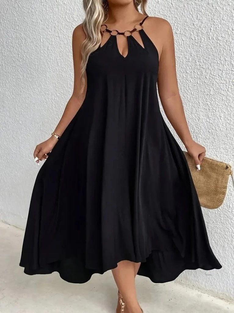 Boyundan Askılı Damla Detaylı Halkalı Asimetrik Kesim Viskon Elbise