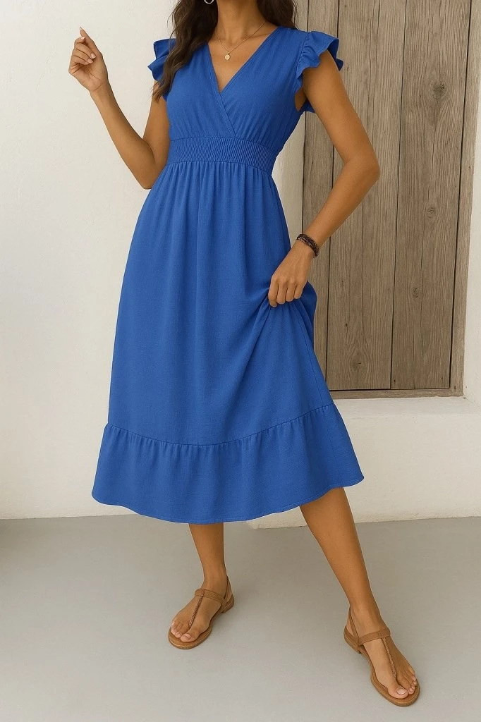 Kelebek Kollu Kruvaze Yakalı Beli Lastikli Elbise