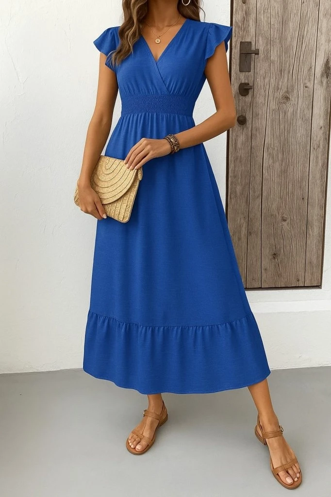 Kelebek Kollu Kruvaze Yakalı Beli Lastikli Elbise