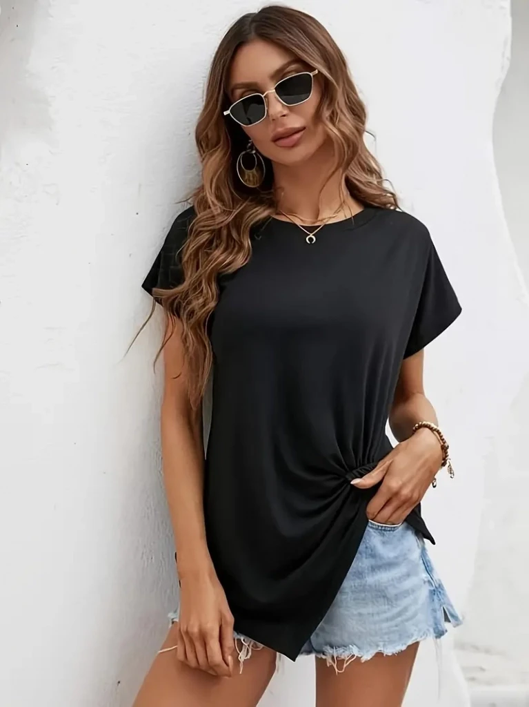 Kısa Kollu Asimetrik Kesim Bel Büzgü Düğüm Detay Viskon Bluz