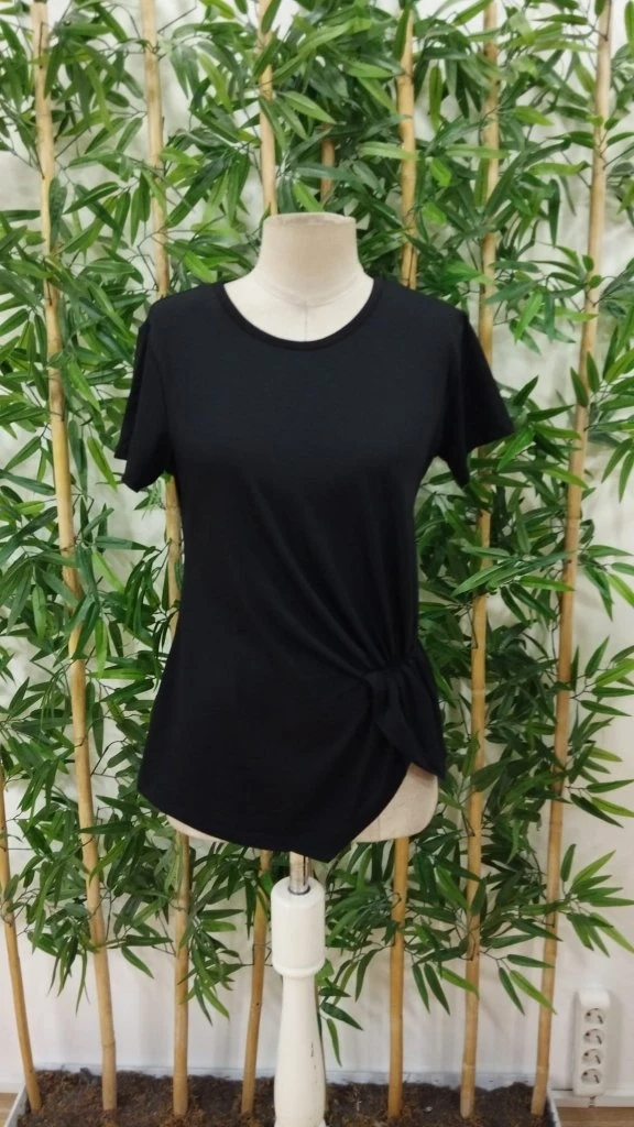 Kısa Kollu Asimetrik Kesim Bel Büzgü Düğüm Detay Viskon Bluz