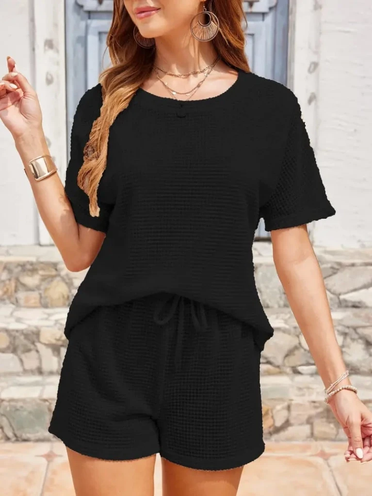 Kısa Kollu Bisiklet Yaka Alt Üst Waffle İkili Takım