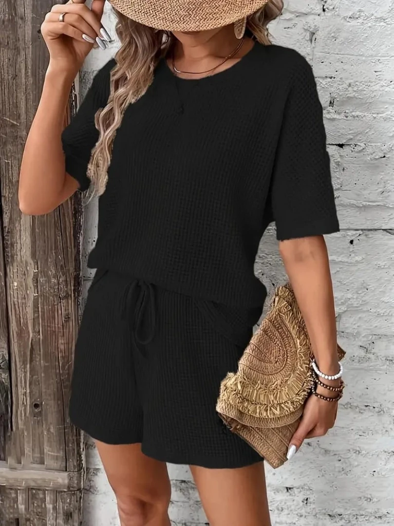 Kısa Kollu Bisiklet Yaka Alt Üst Waffle İkili Takım