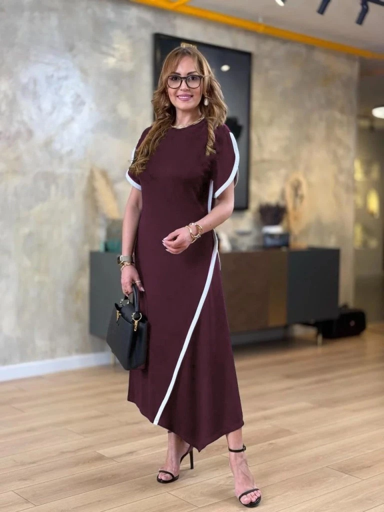 Kısa Kollu Bisiklet Yaka Detaylı Asimetrik Kesim Viskon Iki Iplik Elbise