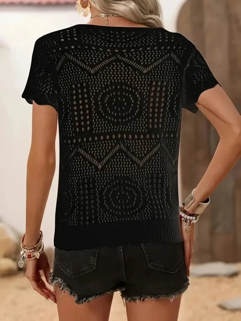 Kısa Kollu Bisiklet Yaka Desenli Triko Bluz