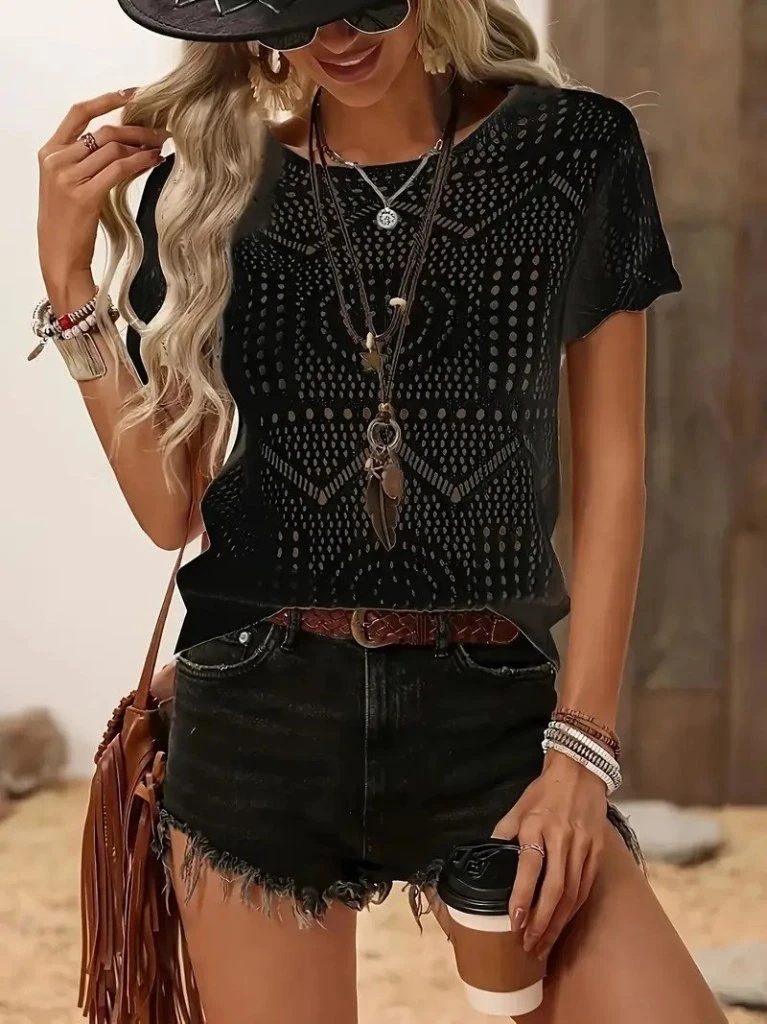 Kısa Kollu Bisiklet Yaka Desenli Triko Bluz