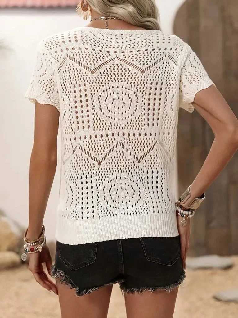 Kısa Kollu Bisiklet Yaka Desenli Triko Bluz