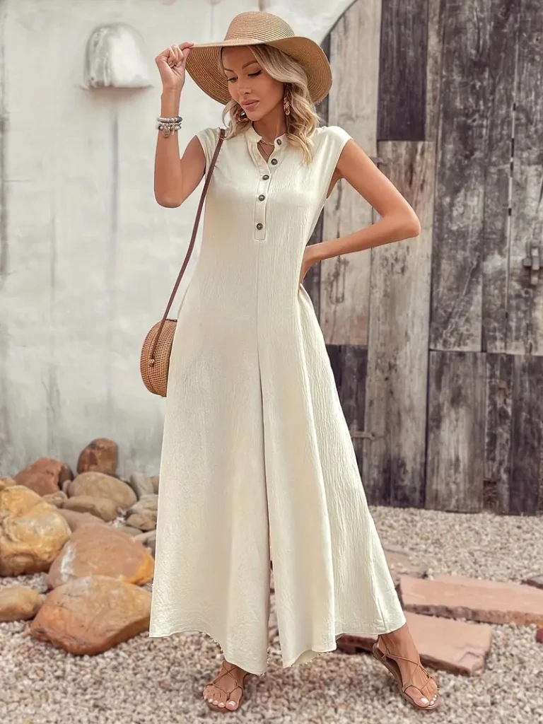 Kısa Kollu Düğmeli Paçaya Doğru Geniş Cepli Uzun Bürümcük Tulum