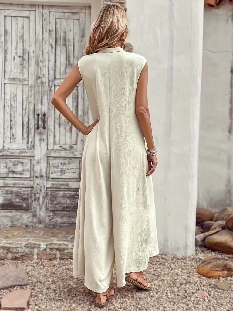 Kısa Kollu Düğmeli Paçaya Doğru Geniş Cepli Uzun Bürümcük Tulum