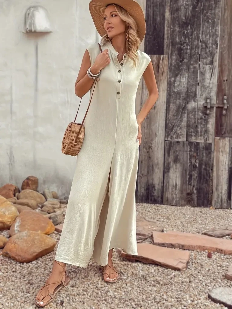 Kısa Kollu Düğmeli Paçaya Doğru Geniş Cepli Uzun Bürümcük Tulum