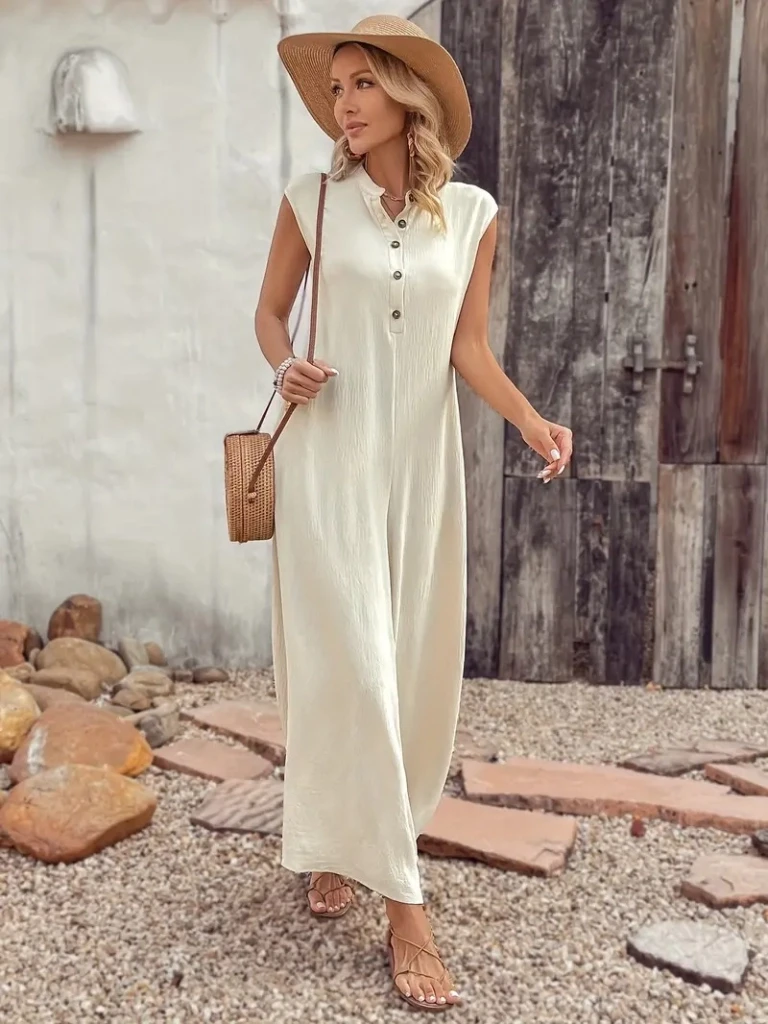 Kısa Kollu Düğmeli Paçaya Doğru Geniş Cepli Uzun Bürümcük Tulum