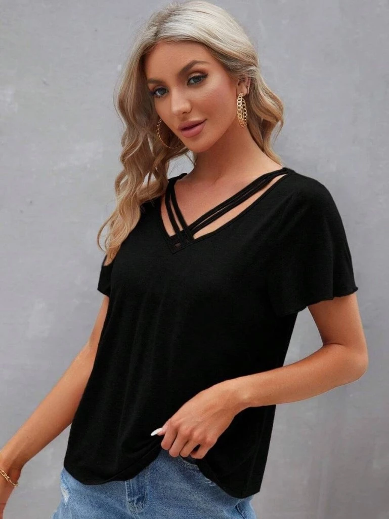 Kısa Kollu V şerit Yakalı Viskon Bluz