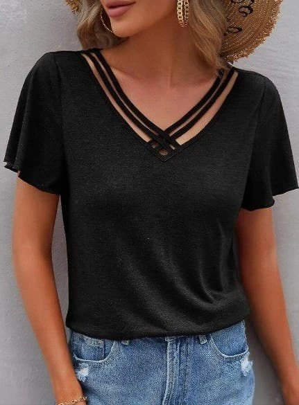 Kısa Kollu V şerit Yakalı Viskon Bluz