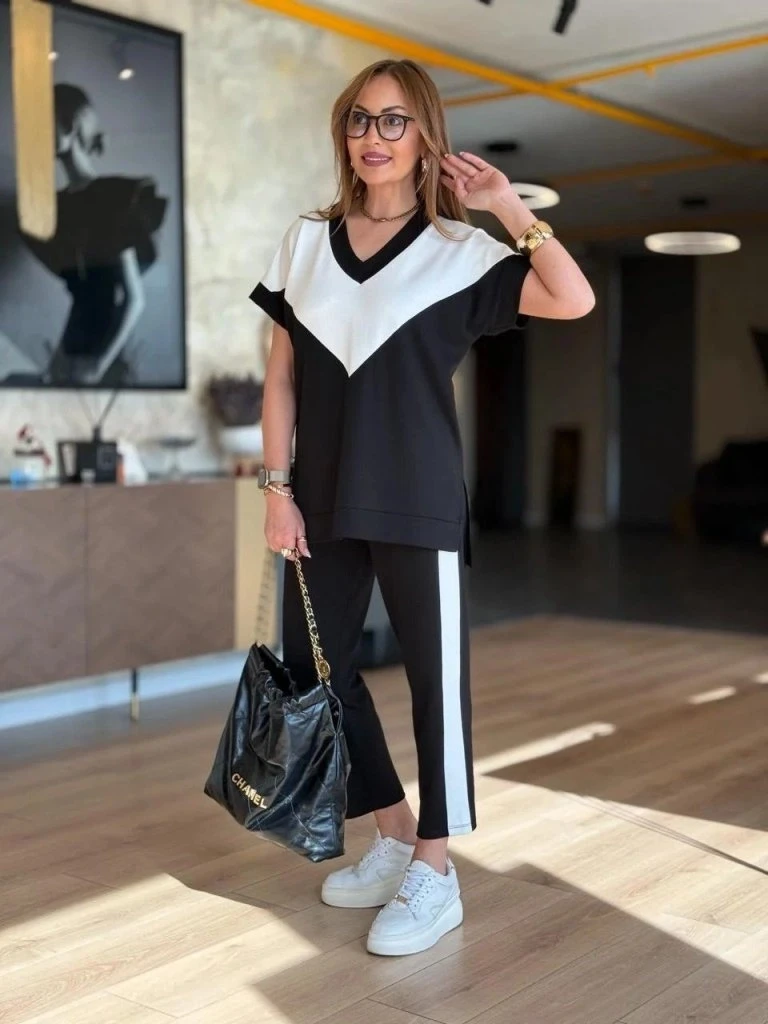 Kısa Kollu Bloklu Viskon İki İplik Bluz Ve Pantolon Takım