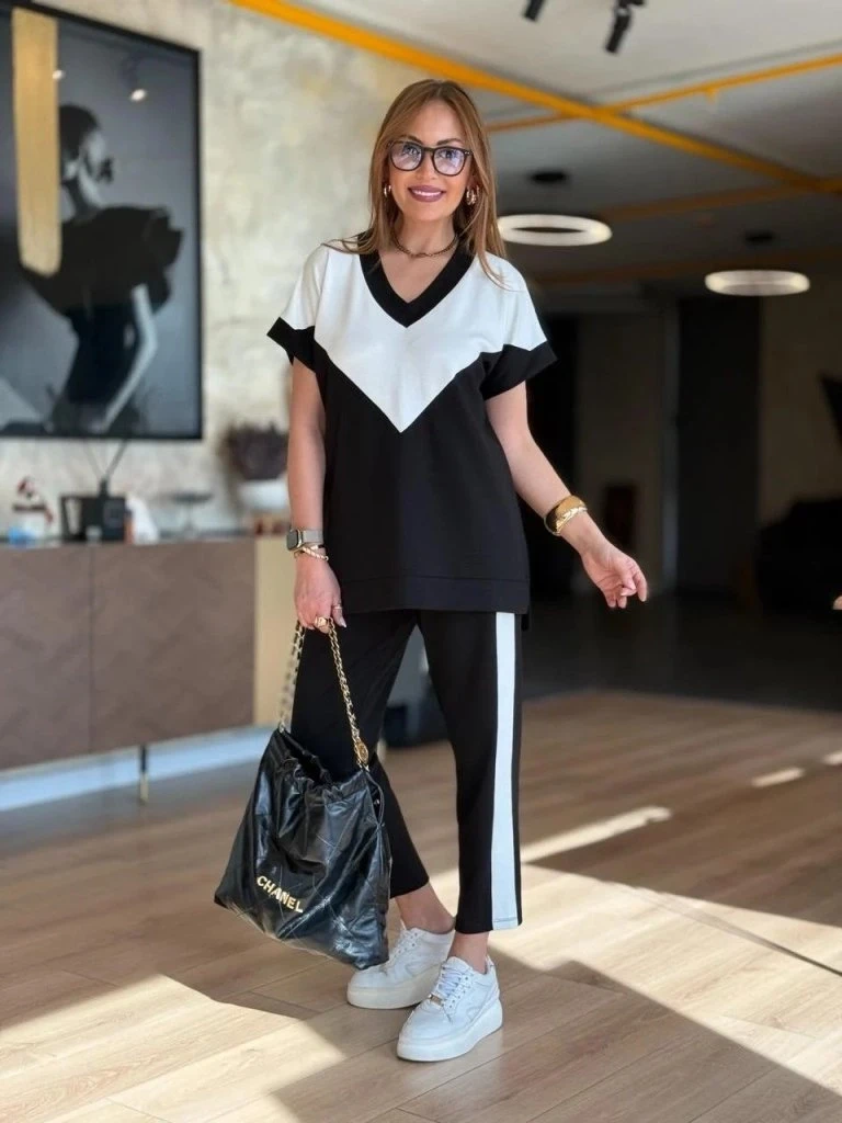 Kısa Kollu Bloklu Viskon İki İplik Bluz Ve Pantolon Takım