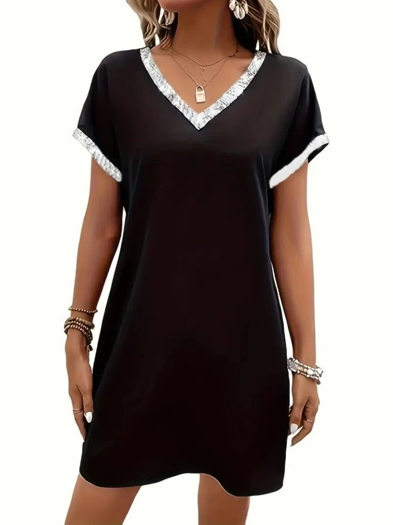 Kısa Kollu V Yakalı Janjan Krep Elbise