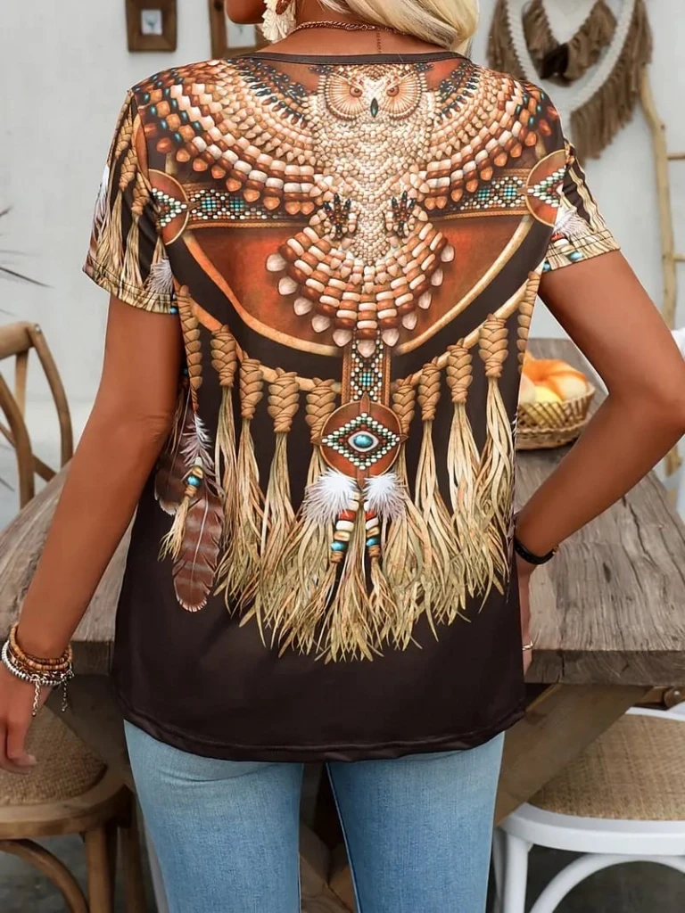 Kısa Kollu V Yakalı Salaş Desenli Suprem Bluz