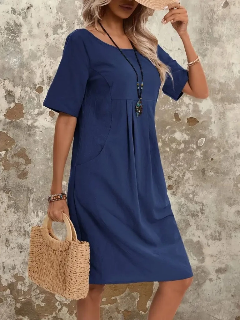 Kısa Kollu Büzgülü Cep Detaylı Viskon İki İplik Elbise