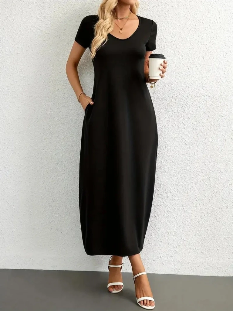 Kısa Kollu Yakası Yuvarlak Cepli Viskon Elbise