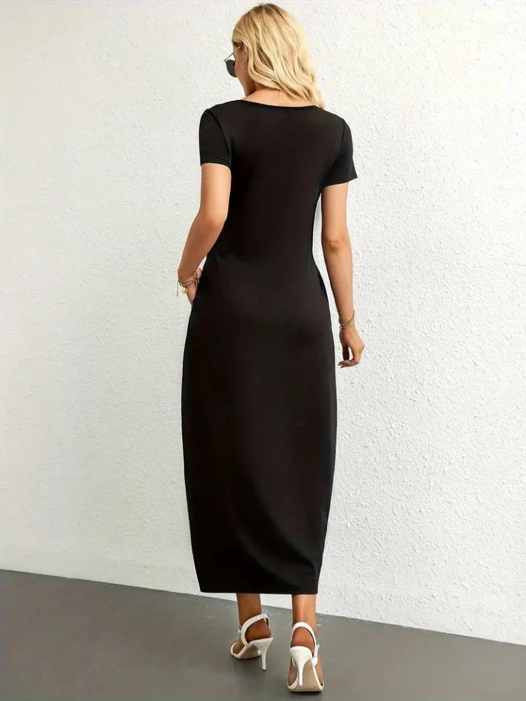 Kısa Kollu Yakası Yuvarlak Cepli Viskon Elbise