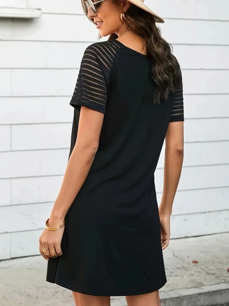 Yuvarlak Yaka Şerit Kol Detaylı Viskon Elbise