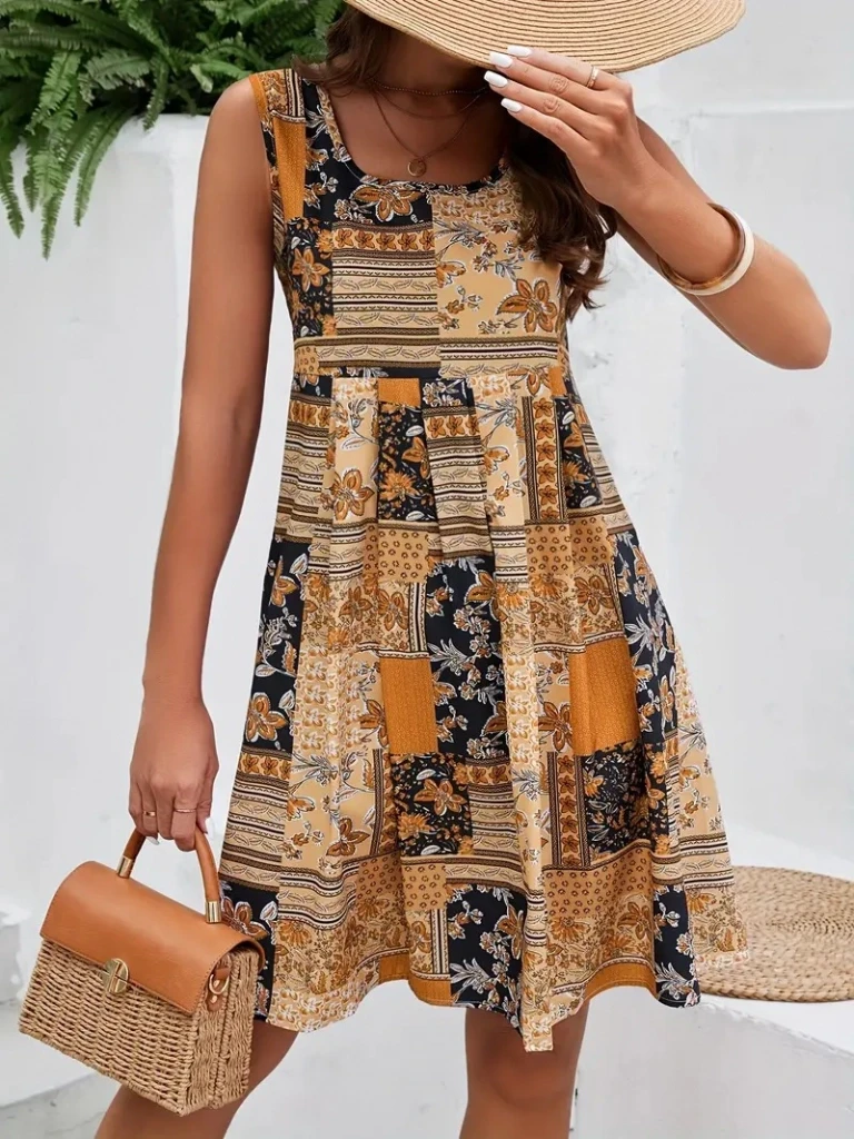 Sıfır Kol Yuvarlak Yaka çiçek Desenli Süprem Elbise