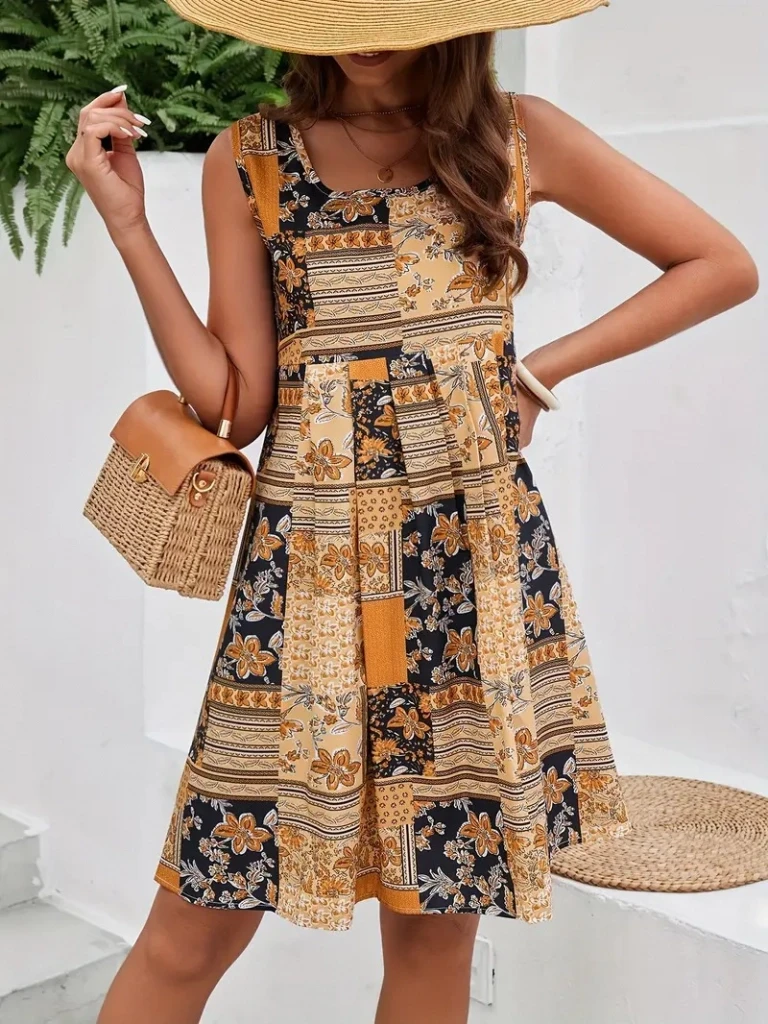 Sıfır Kol Yuvarlak Yaka çiçek Desenli Süprem Elbise