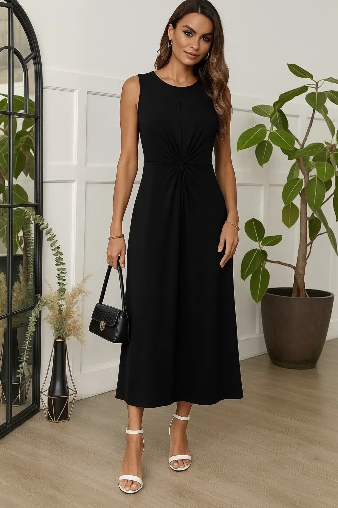 Sıfır Kollu Bisiklet Yaka Yandan Büzgü Detaylı Viskon Elbise