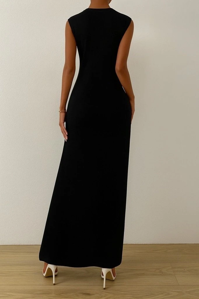 Sıfır Kollu Bisiklet Yaka Yandan Büzgü Detaylı Viskon Elbise