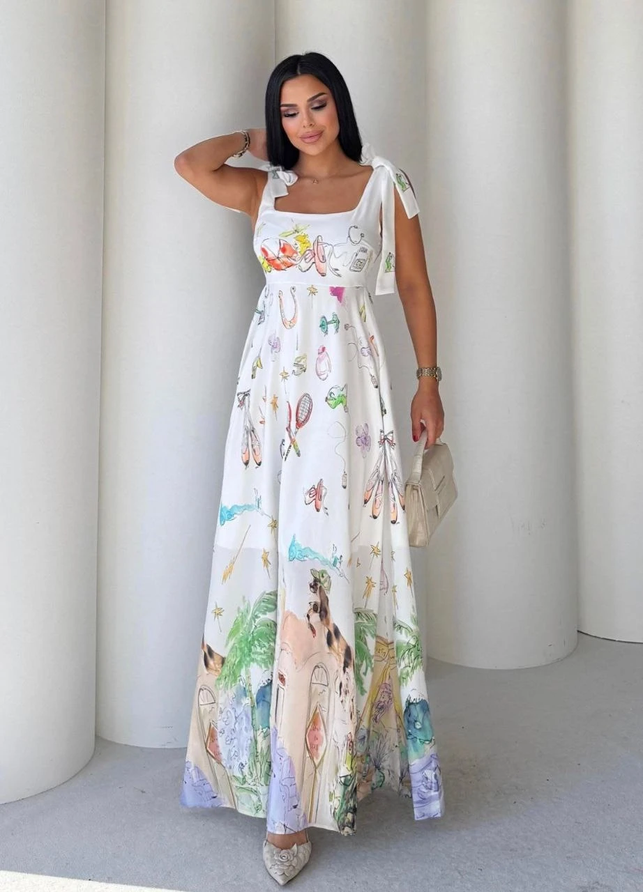 Kare Yaka Desenli Omuz Bağlama Elbise