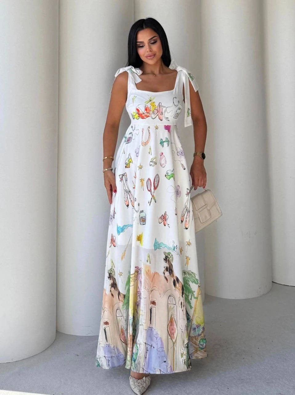 Kare Yaka Desenli Omuz Bağlama Elbise