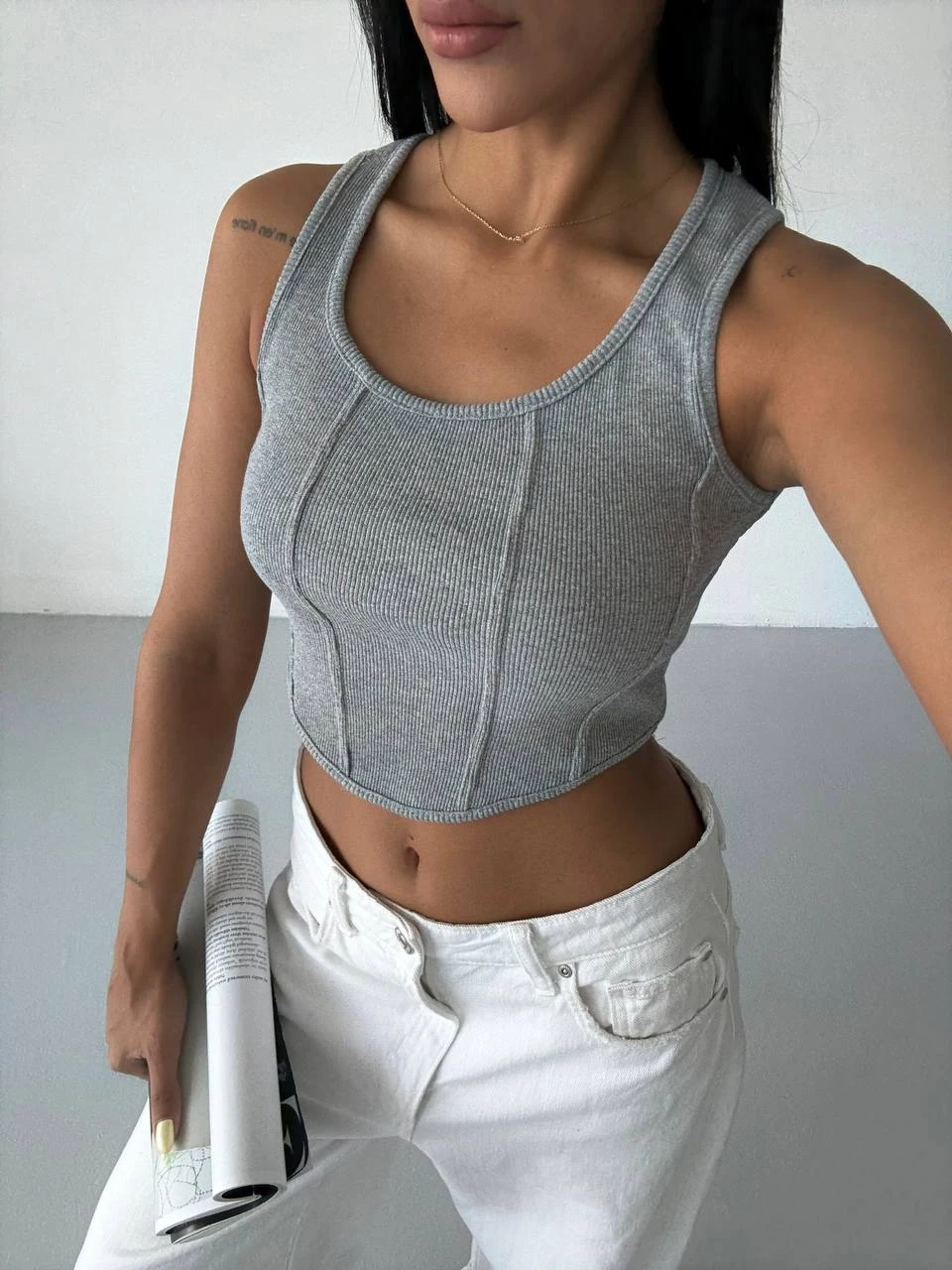 Kaşkorse Crop Bluz Gri