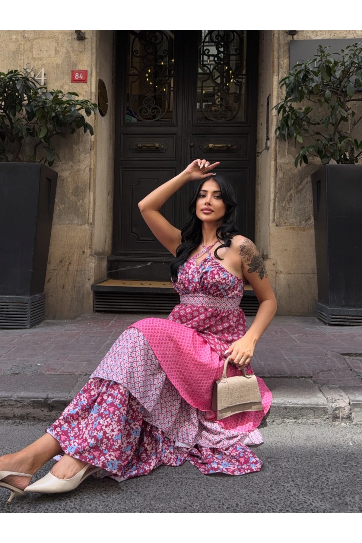 Kat Kat Desenli Tasarım Elbise