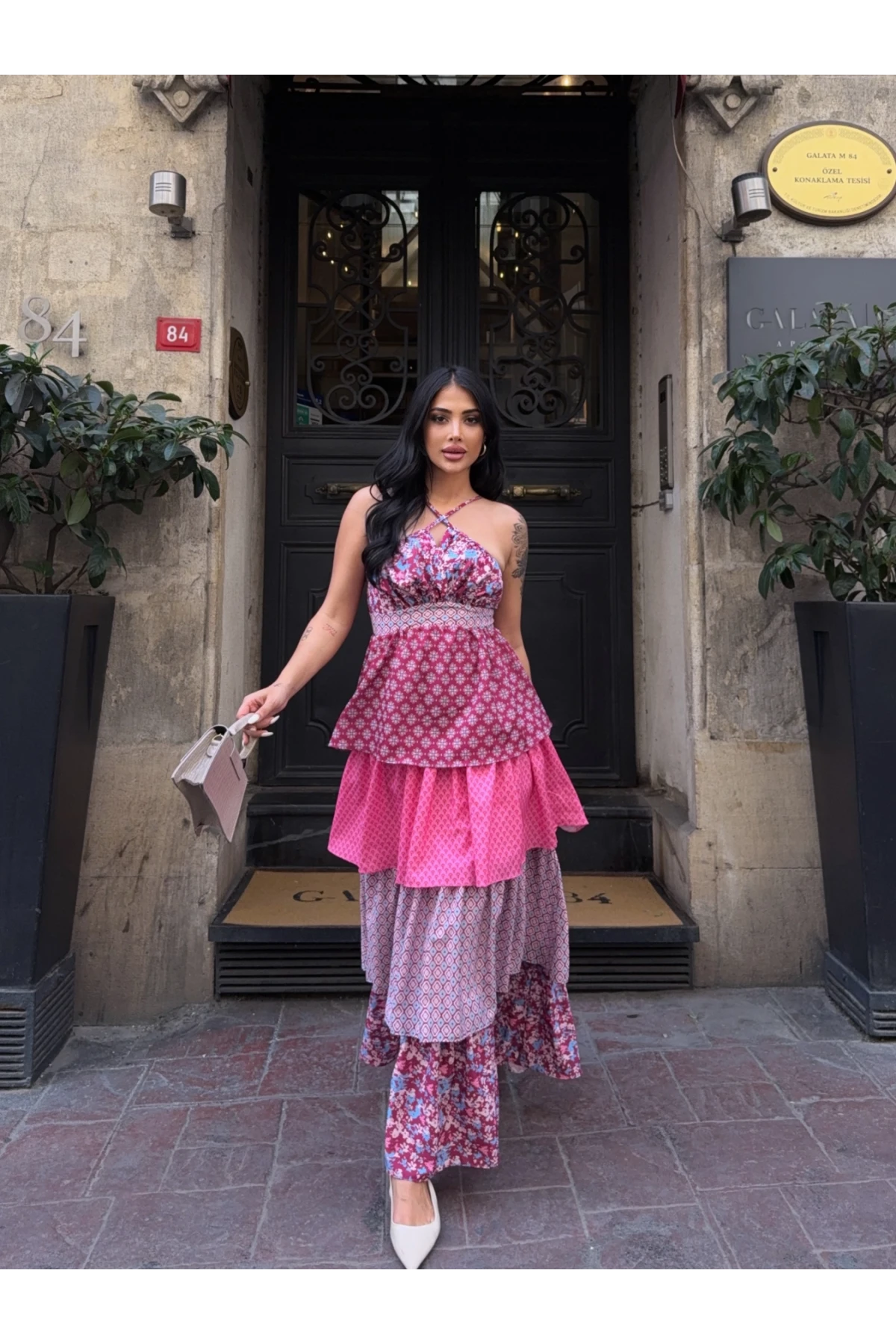 Kat Kat Desenli Tasarım Elbise