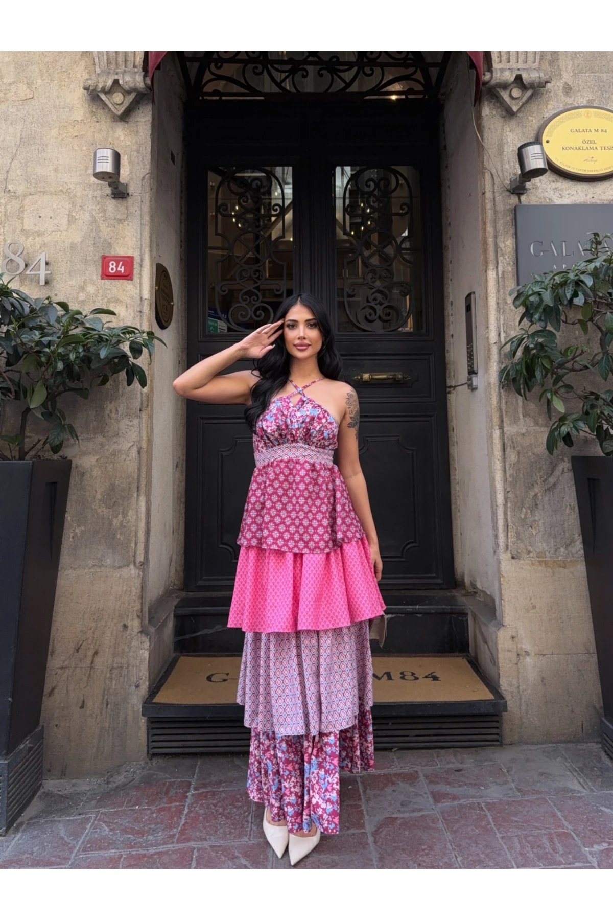 Kat Kat Desenli Tasarım Elbise