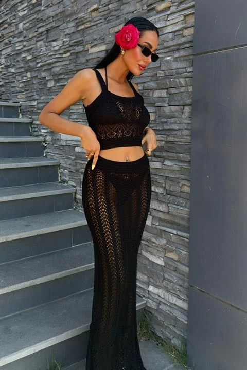 Kayla Dantel Desenli Crop Takım Siyah