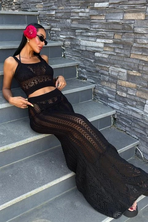 Kayla Dantel Desenli Crop Takım Siyah