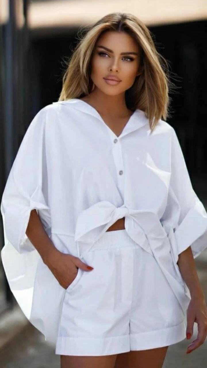 Keten Arkası Uzun Salaş Gömlek Şort Takım Beyaz