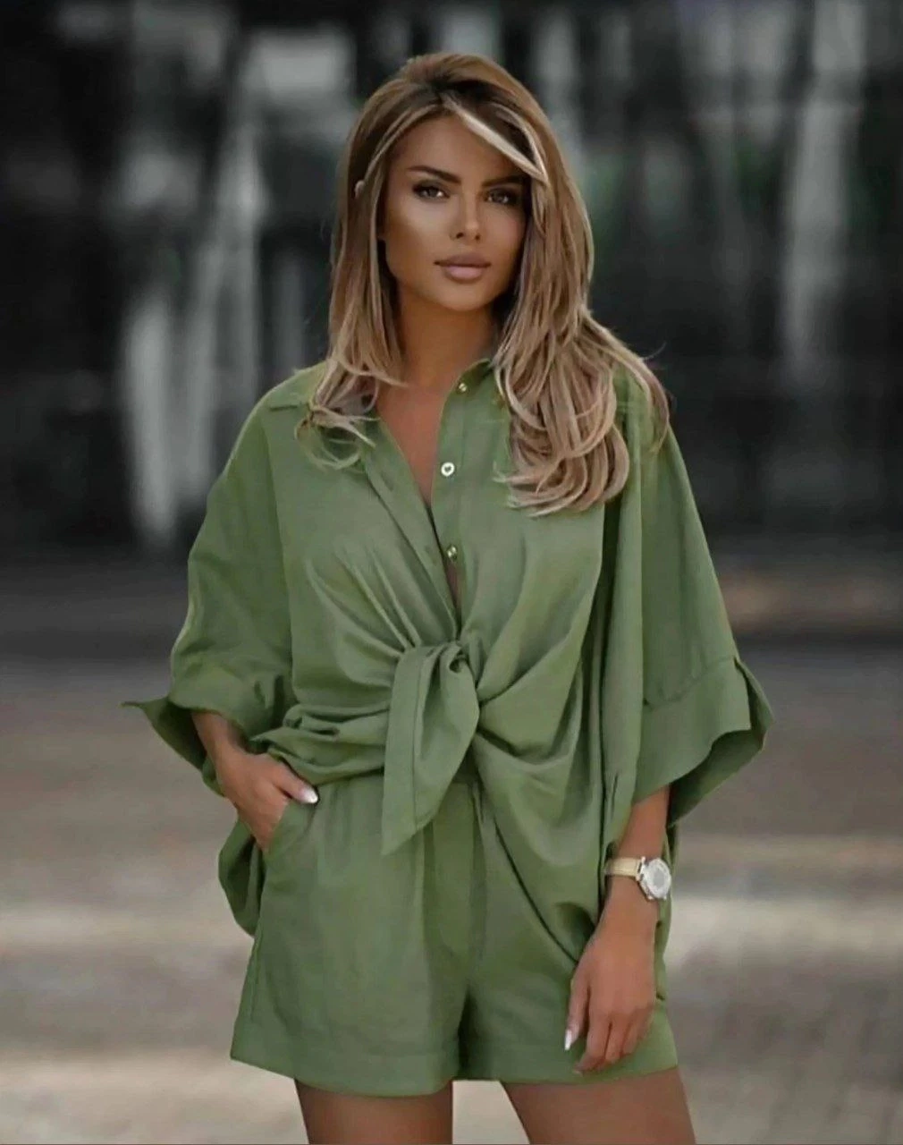 Keten Arkası Uzun Salaş Gömlek Şort Takım Haki