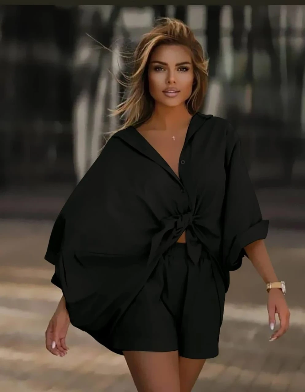 Keten Arkası Uzun Salaş Gömlek Şort Takım Siyah