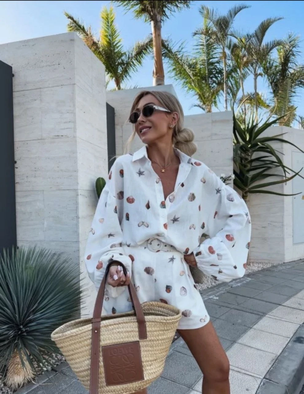 Keten Desenli Şortlu Takım Beyaz