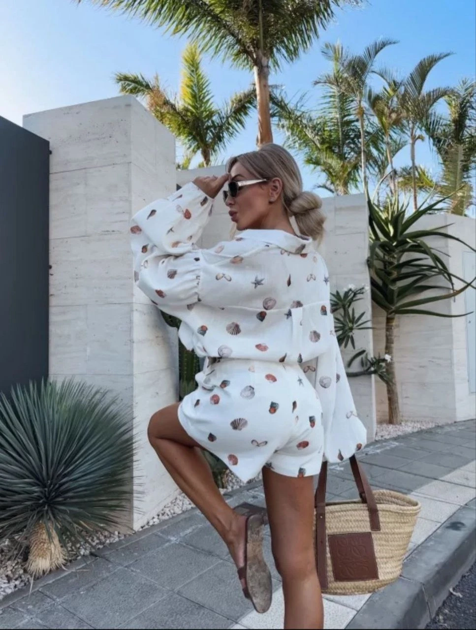 Keten Desenli Şortlu Takım Beyaz