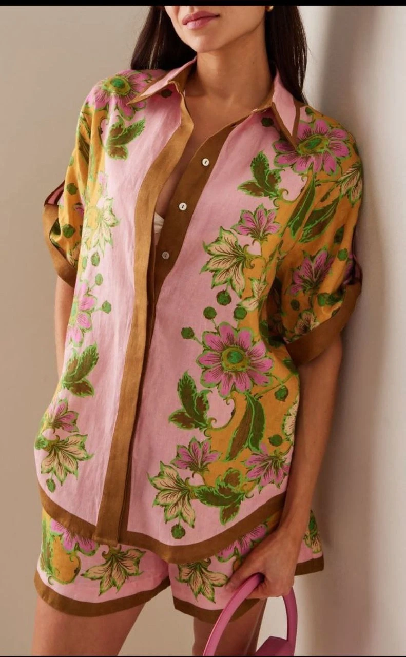 Keten Kumas Baskılı Şortlu Takım