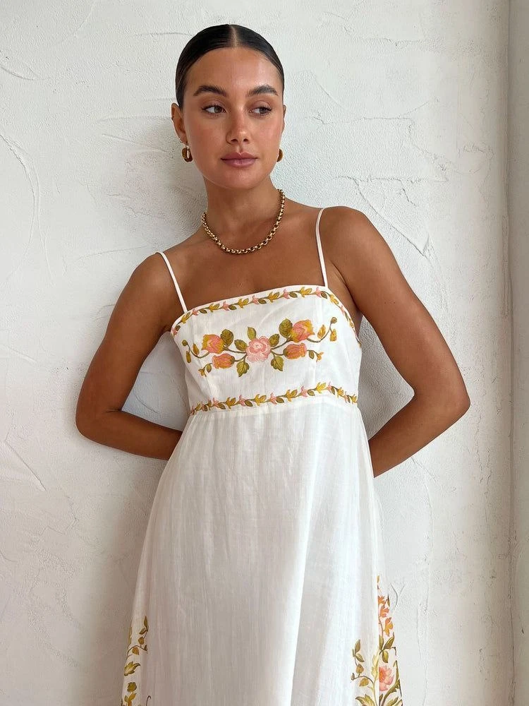 Keten Kumaş Çiçek Desenli Elbise