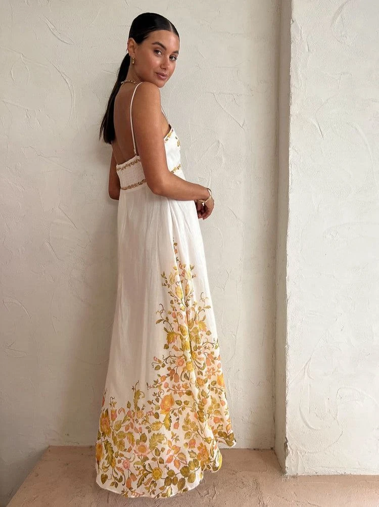 Keten Kumaş Çiçek Desenli Elbise