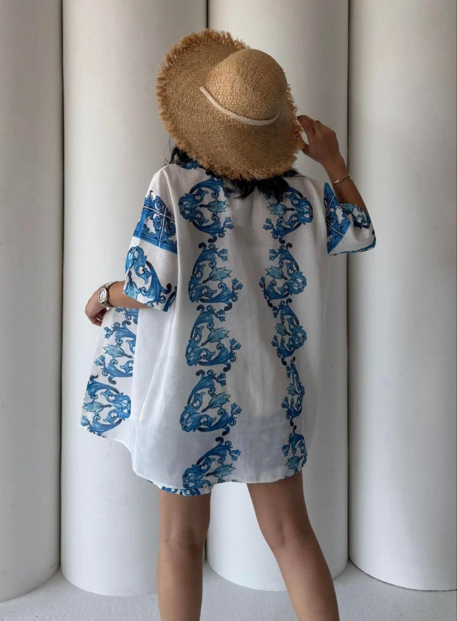 Keten Kumaş Mavi Desenli Alt Üst Takım